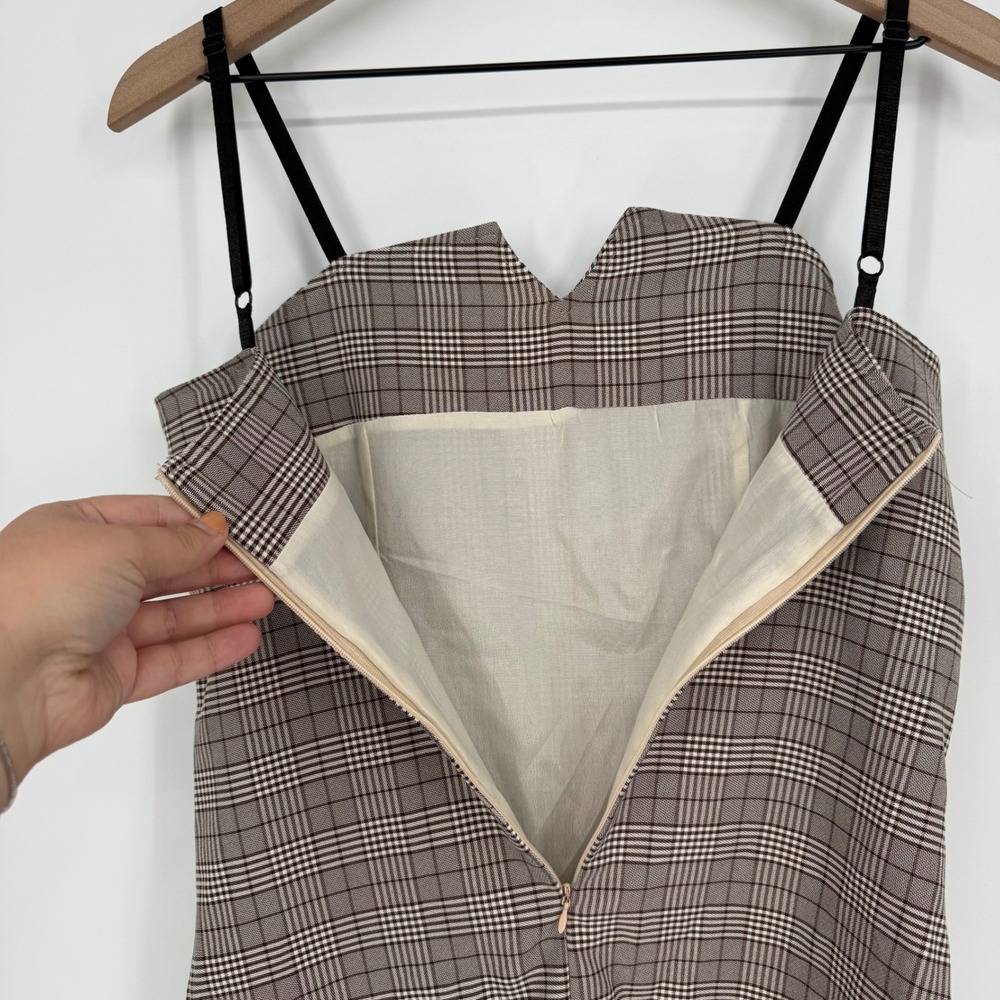 Plaid Button‎ Front Mini Dress Sweetheart Neckline Adjustable Straps Pockets - Picture 6 of 9